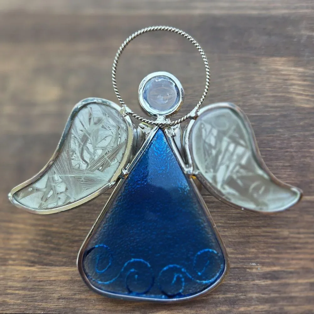 Stained Glass Angel Figurine Blue Gold Tone Christmas Decor 5 Inch